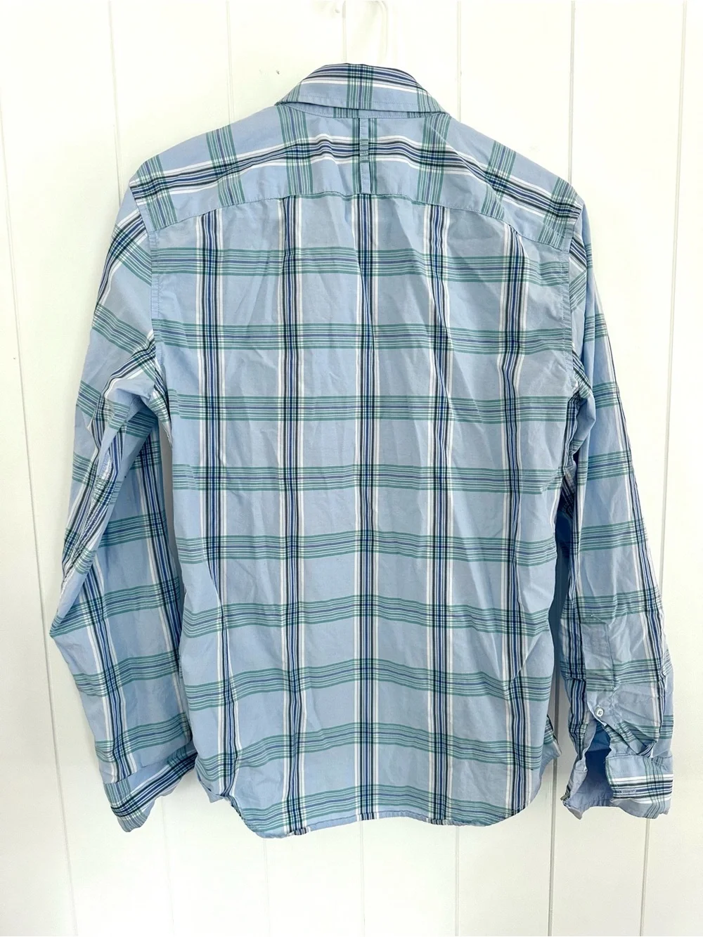 Banana Republic Men’s Light Blue and Green Plaid Button-Down Shirt- small stain